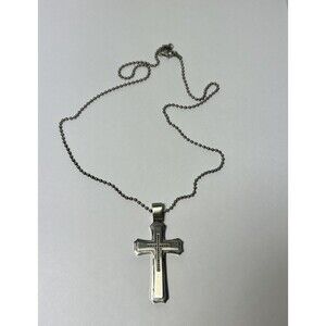 Men's Double Layer Cross Crucifix Rhinestone Stainless Steel Necklace 24”